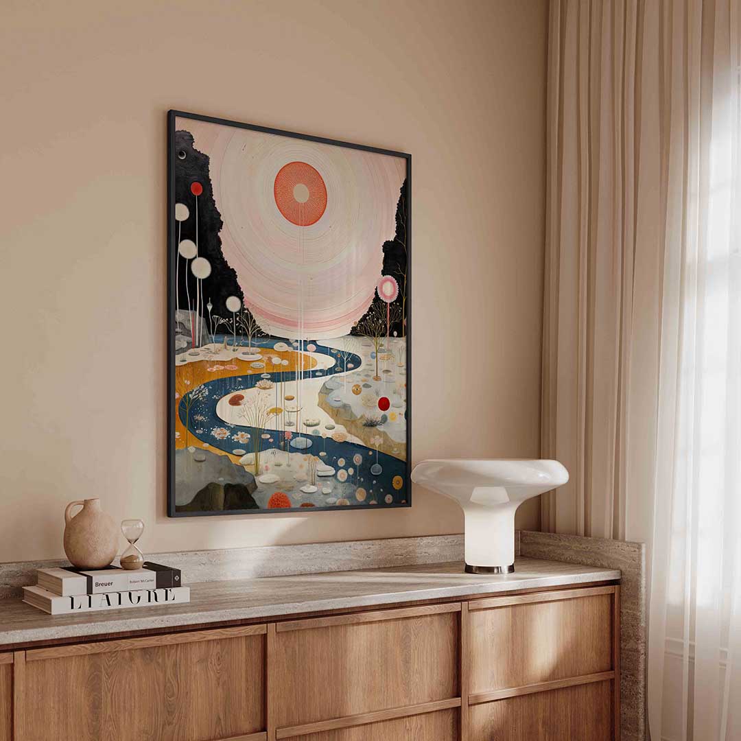Landschap met zon en rivier – surreal poster in staand formaat