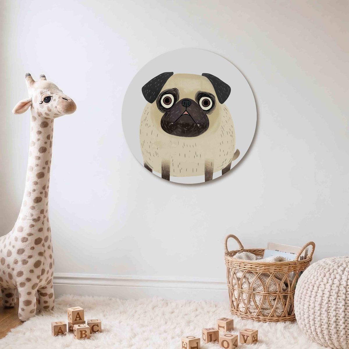 Hond met grote ogen Muurcirkel – Een hond met grote ogen en een beige vacht met donkere accenten.