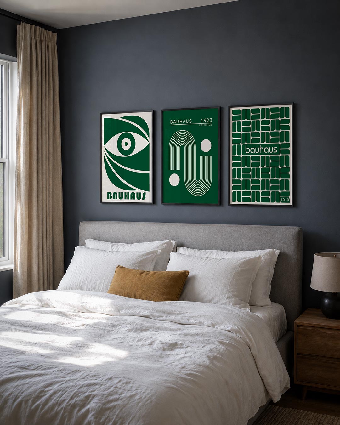 Oog en lijnen posterset – derde productweergave – een groene vorm met een oog in het midden, omgeven door vloeiende lijnen en