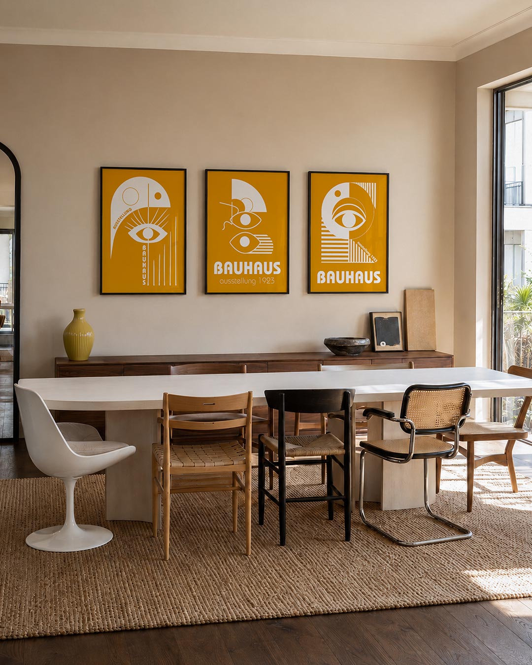 Oog en lijnen driedelige posterset – deze posterset in drie delen toont een opvallend wit oog met stralen op een oranje