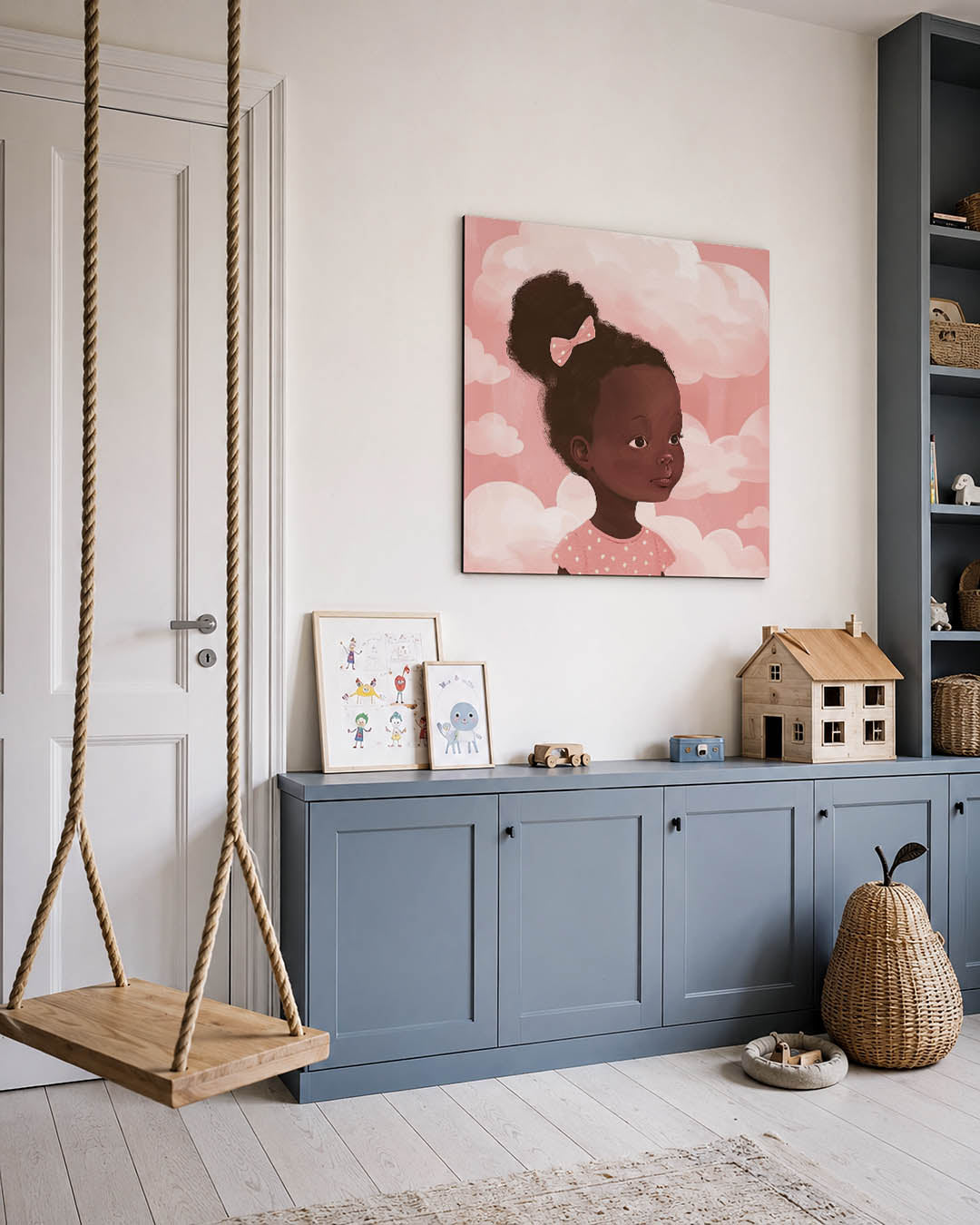 Dromerig portret meisje kunstwerk – vierkante wanddecoratie – een jong meisje met een schattige strik in haar haar kijkt