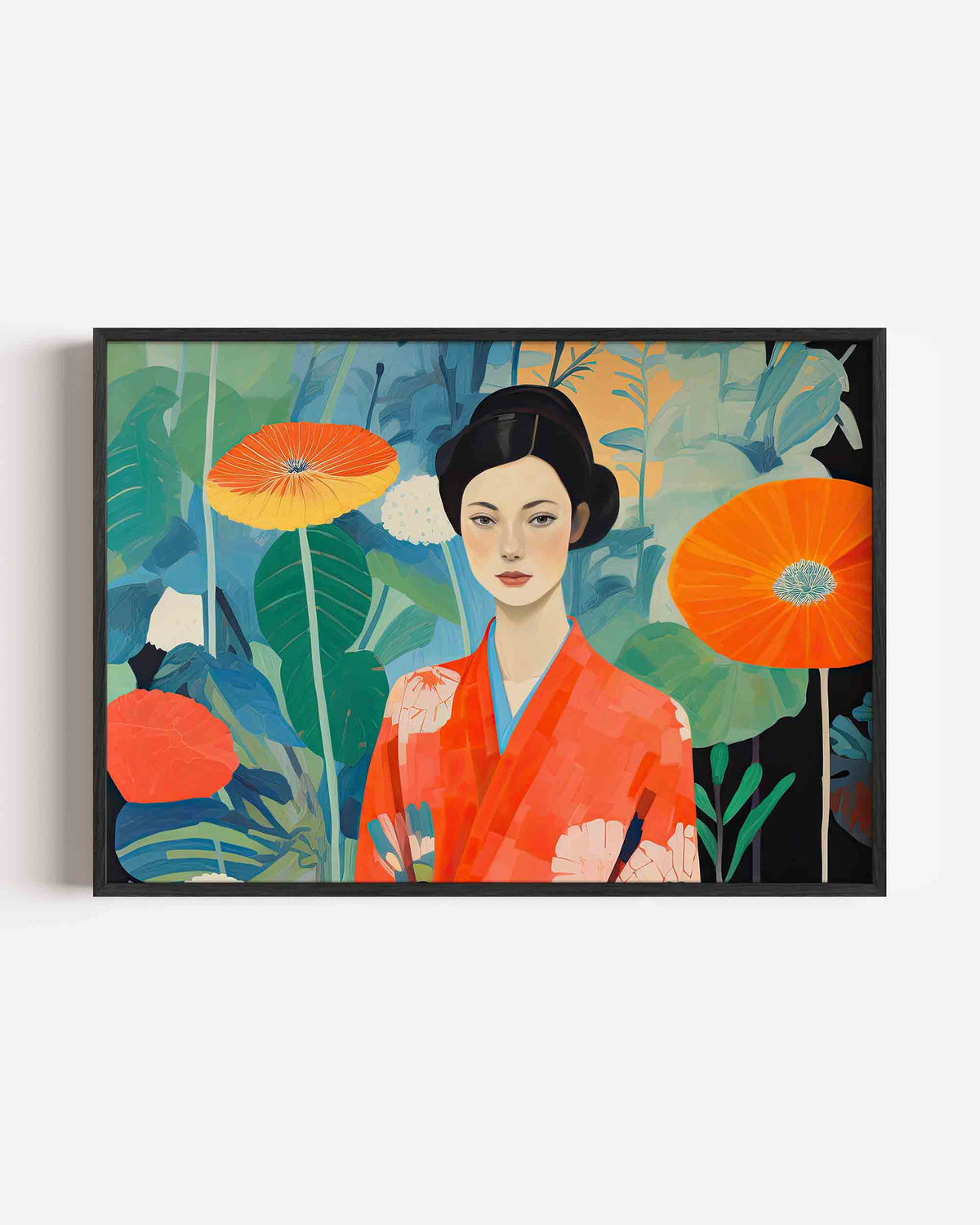 Vrouw in kimono met bloemen – keuken landscape poster als wanddecoratie