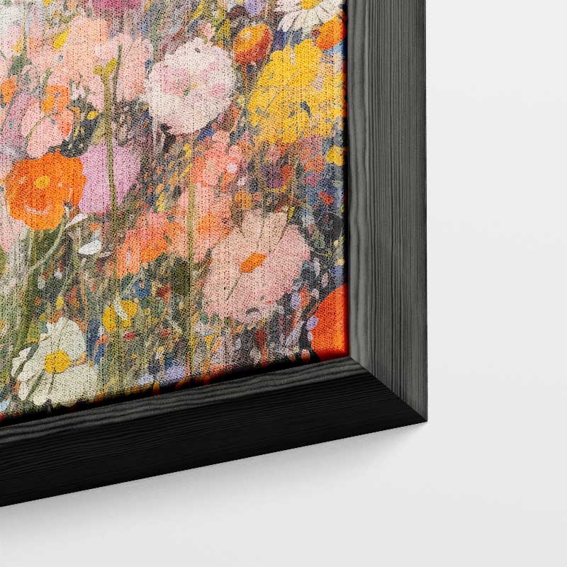 Kleurrijke Bloementuin Schilderij – kunstwerk met zwarte baklijst