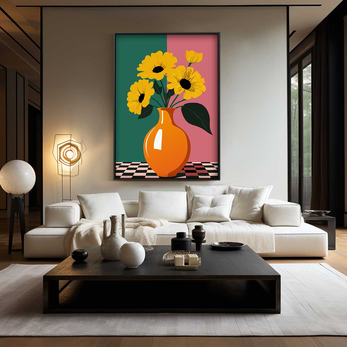 Zonnige Bloemen in Vaas – dibond wanddecoratie in staand formaat
