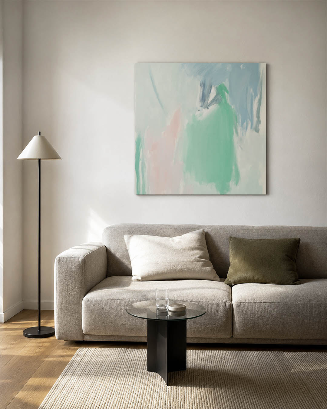Vloeiende kleurencompositie kunstwerk – vierkante wanddecoratie – dit werk toont zachte penseelstreken in pastelkleuren. De
