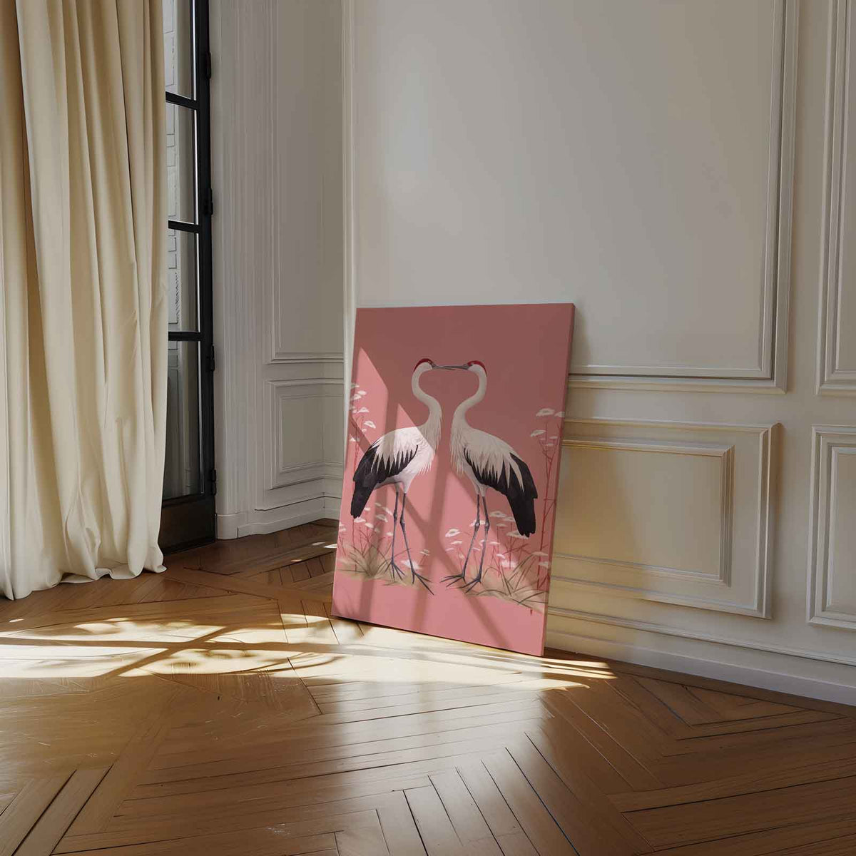 Romantische Kraanvogels op Rosa Achtergrond – staand kunstwerk voor modern interieur