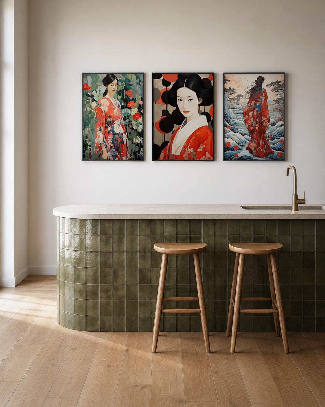 Bloemen en kimono posterset – tweede productweergave – een vrouw in een kleurrijke kimono staat tussen weelderige