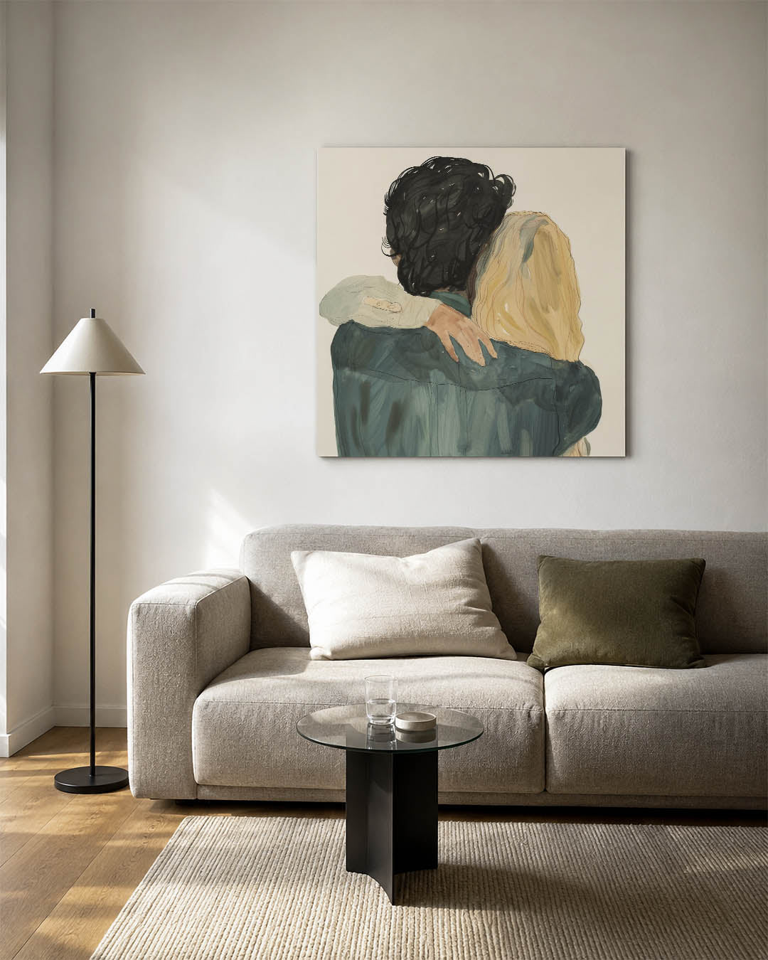 Intieme omhelzing kunstwerk – vierkante wanddecoratie – dit werk toont een intieme omhelzing van twee figuren. De zachte