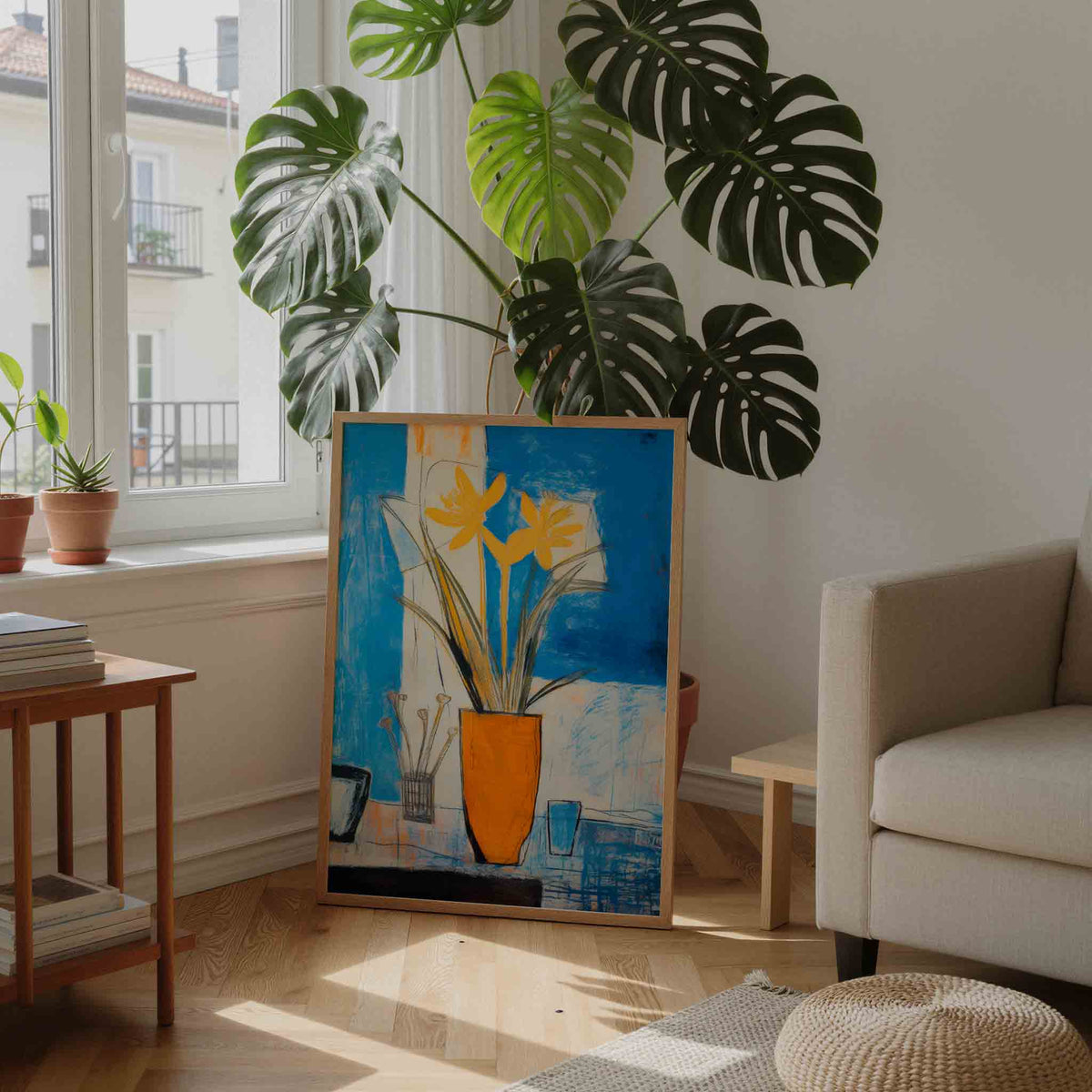 Gele bloemen in oranje vaas – moderne wandkunst als portret poster