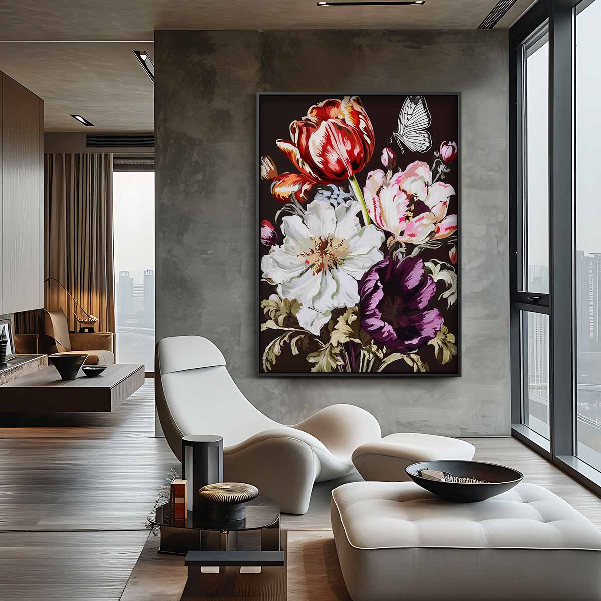 Bloemenpracht met Vlinder – canvas kunstwerk als wanddecoratie