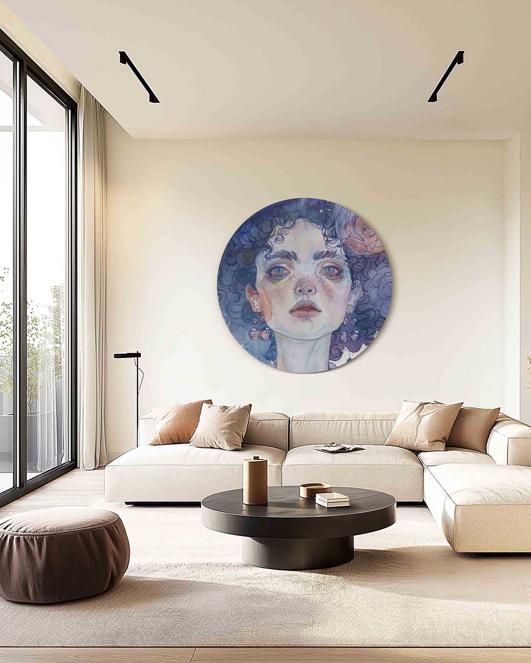 Portret met bloemen – kleurrijke muurcirkel als ronde wanddecoratie