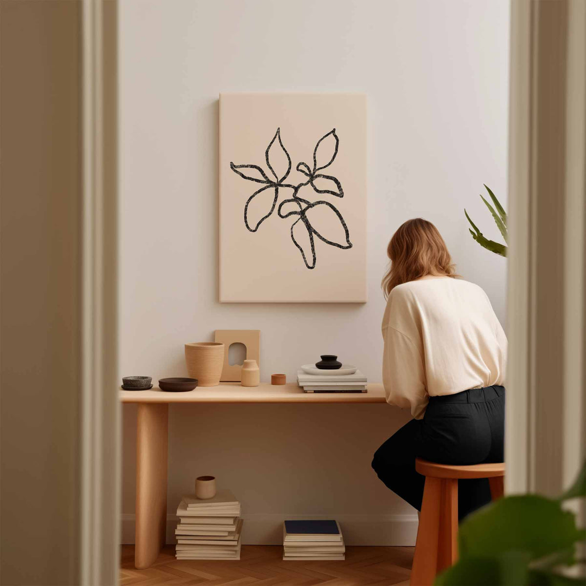 Minimalistische Bladeren Schets – modern portret kunstwerk van WallArtistic