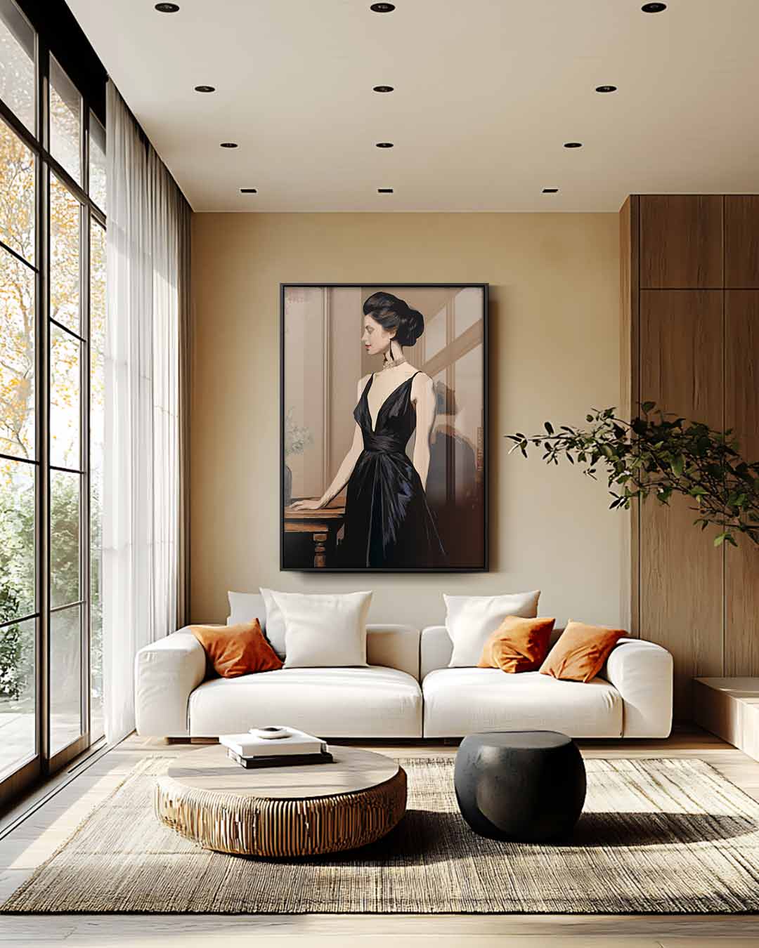 Elegante Dame in Zwart – plexiglas wanddecoratie in portret formaat