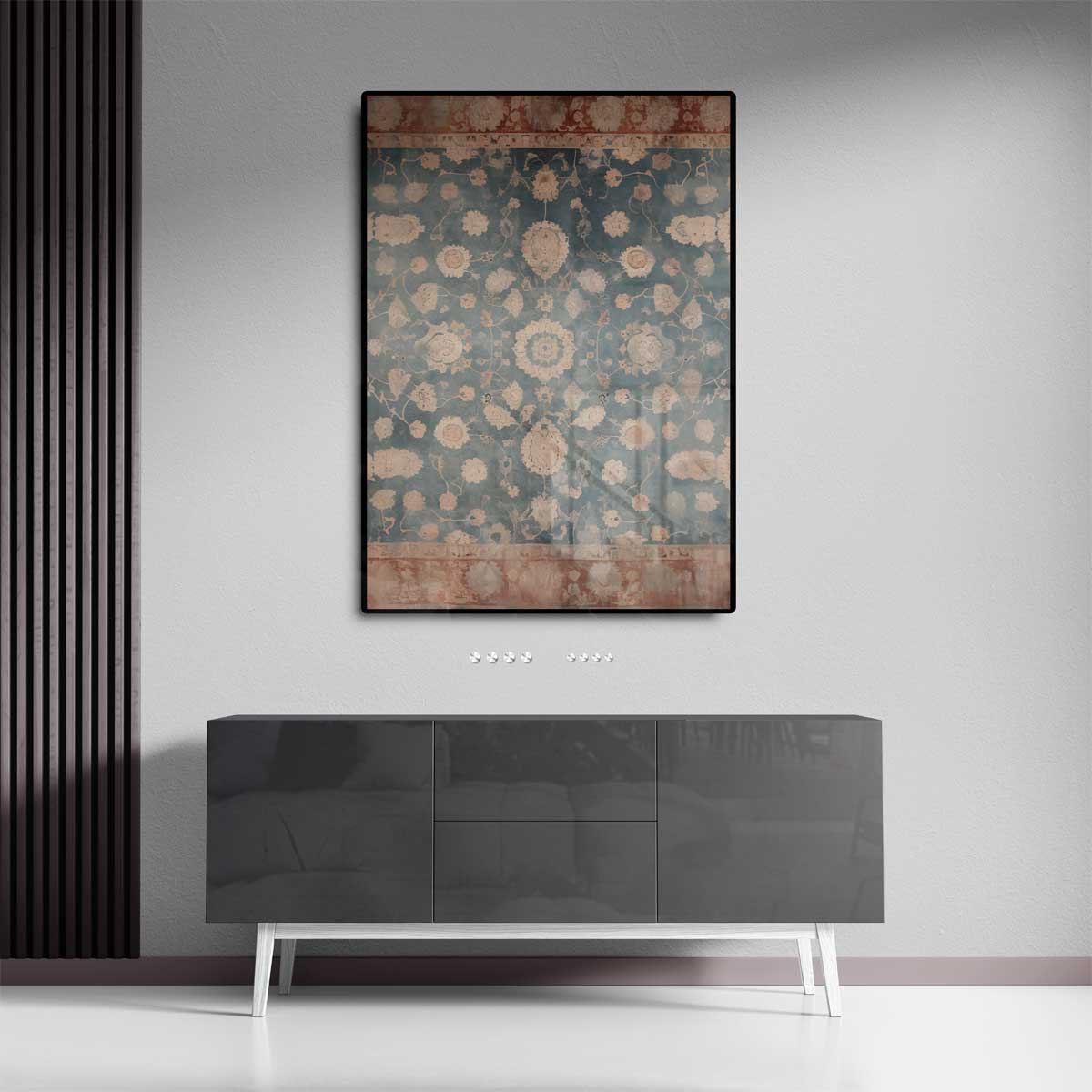 Tijdloze Bloemenpracht op Blauw Tapijt – canvas kunstwerk als wanddecoratie