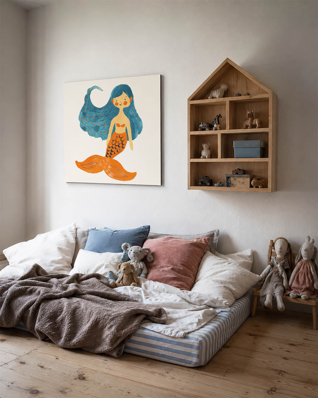 Vrolijke zeemeermin illustratie kunstwerk – derde productweergave – dit werk toont een speelse zeemeermin met blauwe haren en