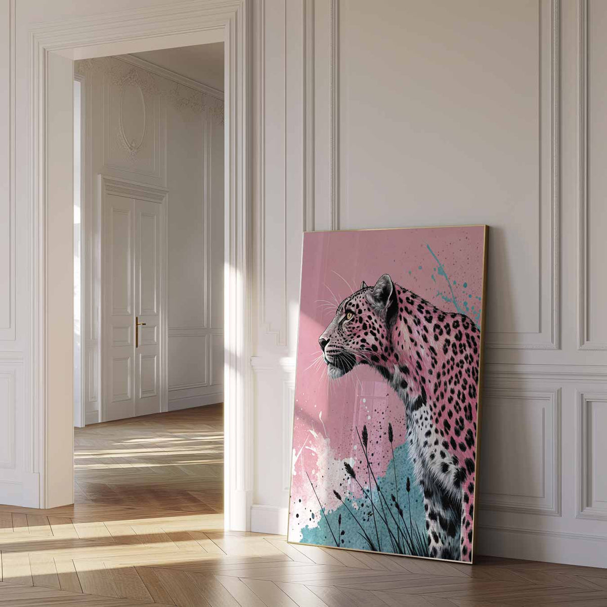Stijlvolle Panterkunst – dierenposter als moderne staande wanddecoratie