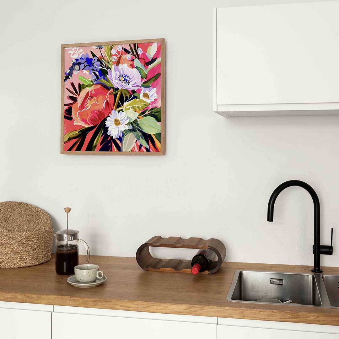 Bloemen op roze – keukenposter in vierkant formaat