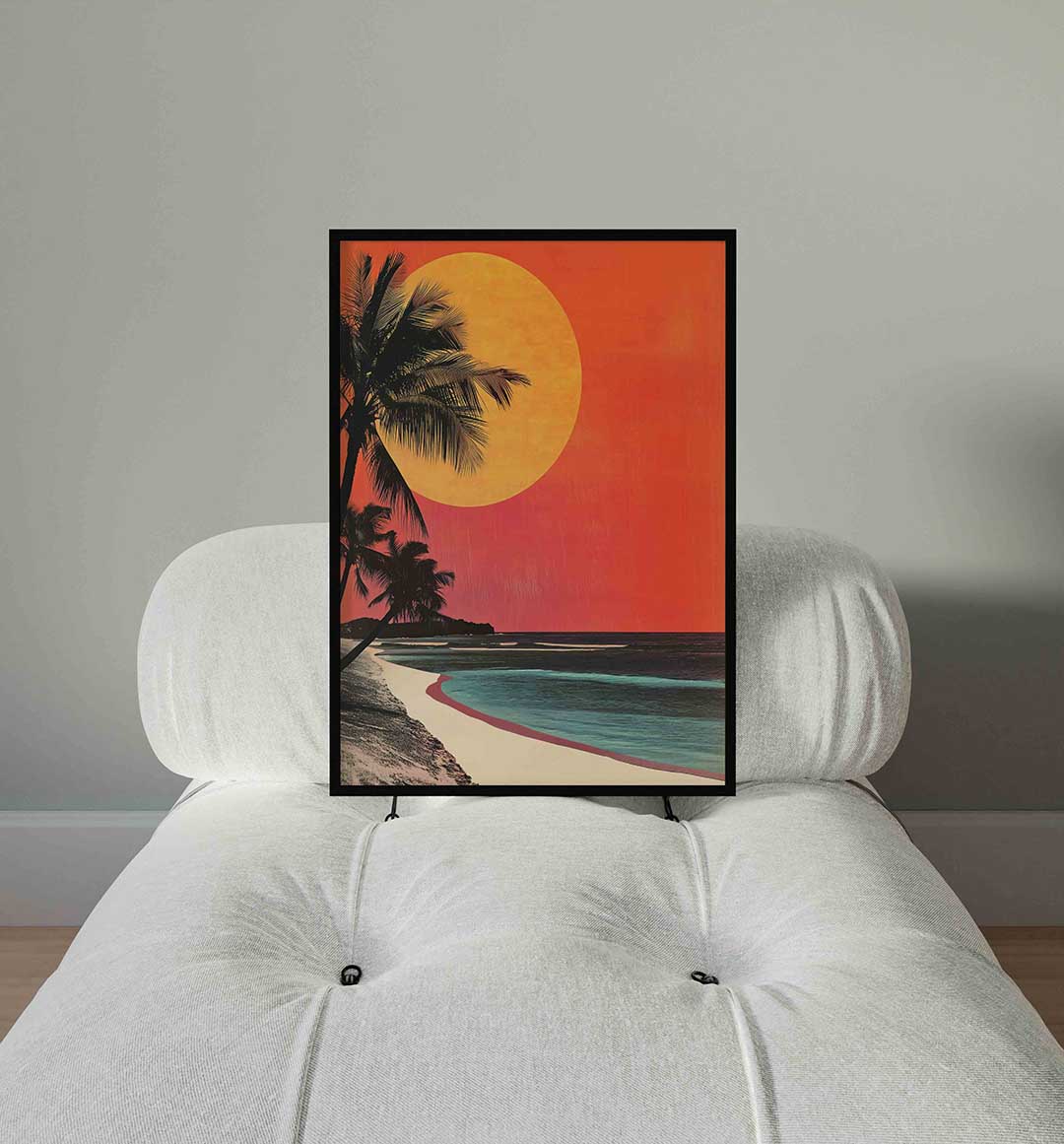 Palmboom en zonsondergang – staande surrealistische wanddecoratie van WallArtistic