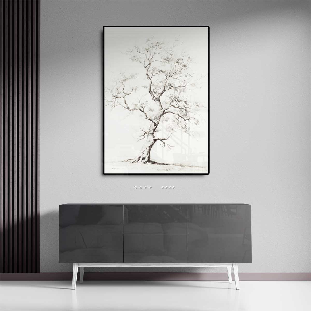 Elegante Boomtekening in Zwart-Wit – canvas kunstwerk als wanddecoratie