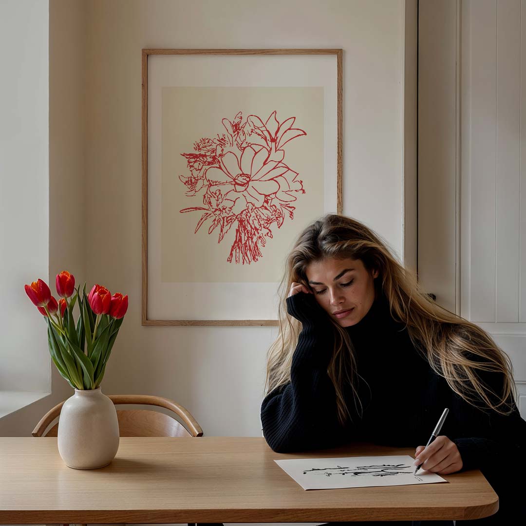Bloemenpracht in Lijnenspel – culinaire wandkunst als portret poster