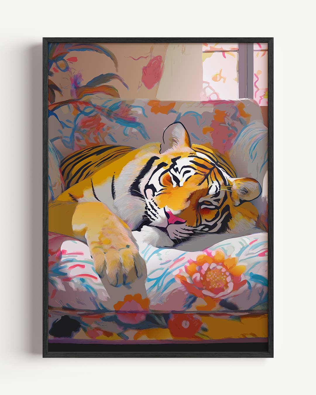 Dromerige Tijger op Bloemige Bank – dieren portret poster als wanddecoratie