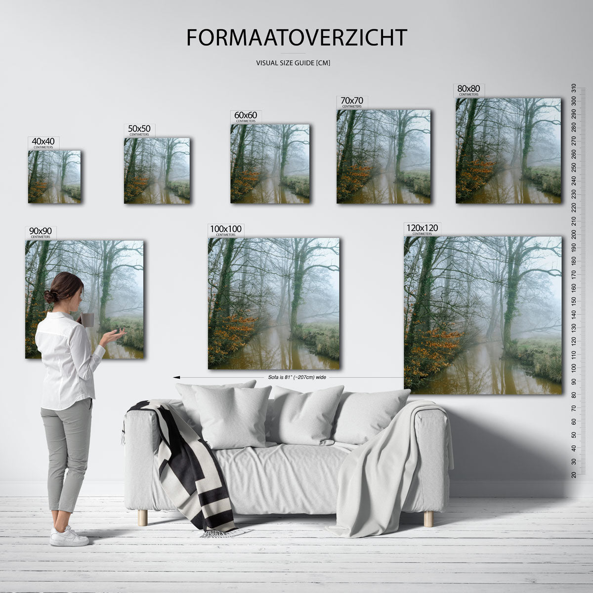 Mistig boslandschap kunstwerk – materiaalweergave – een serene scène van een mistig bos met kale bomen langs een rustige