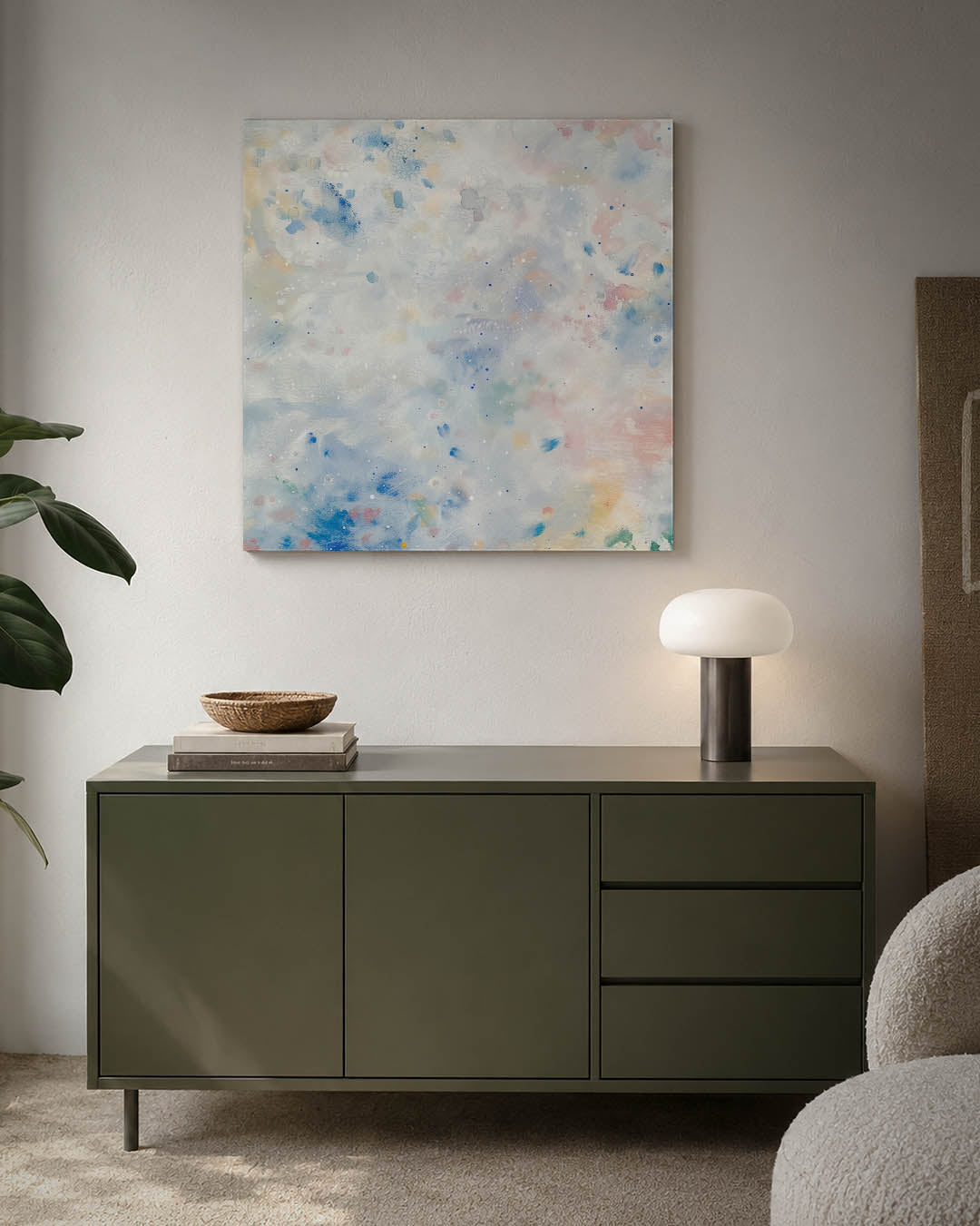 Vlekkenspel in pastel kunstwerk – detailweergave – dit werk toont een speelse compositie van zachte kleuren en vloeiende