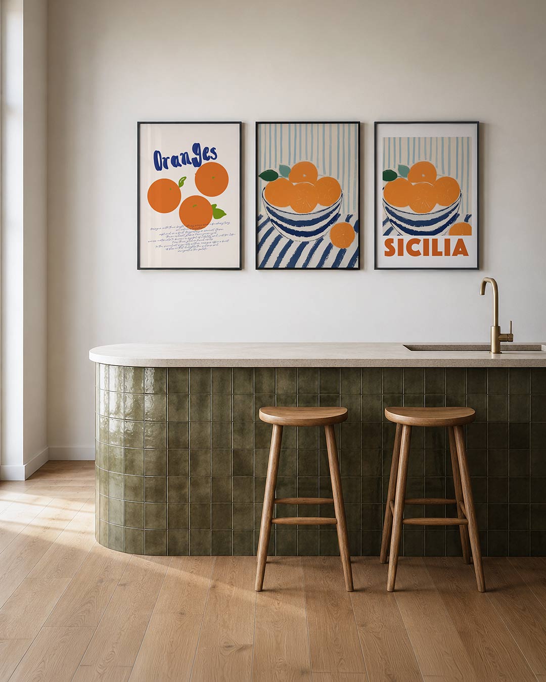 Fruitige kleurenpracht posterset – tweede productweergave – deze posterset toont drie levendige sinaasappels met groene