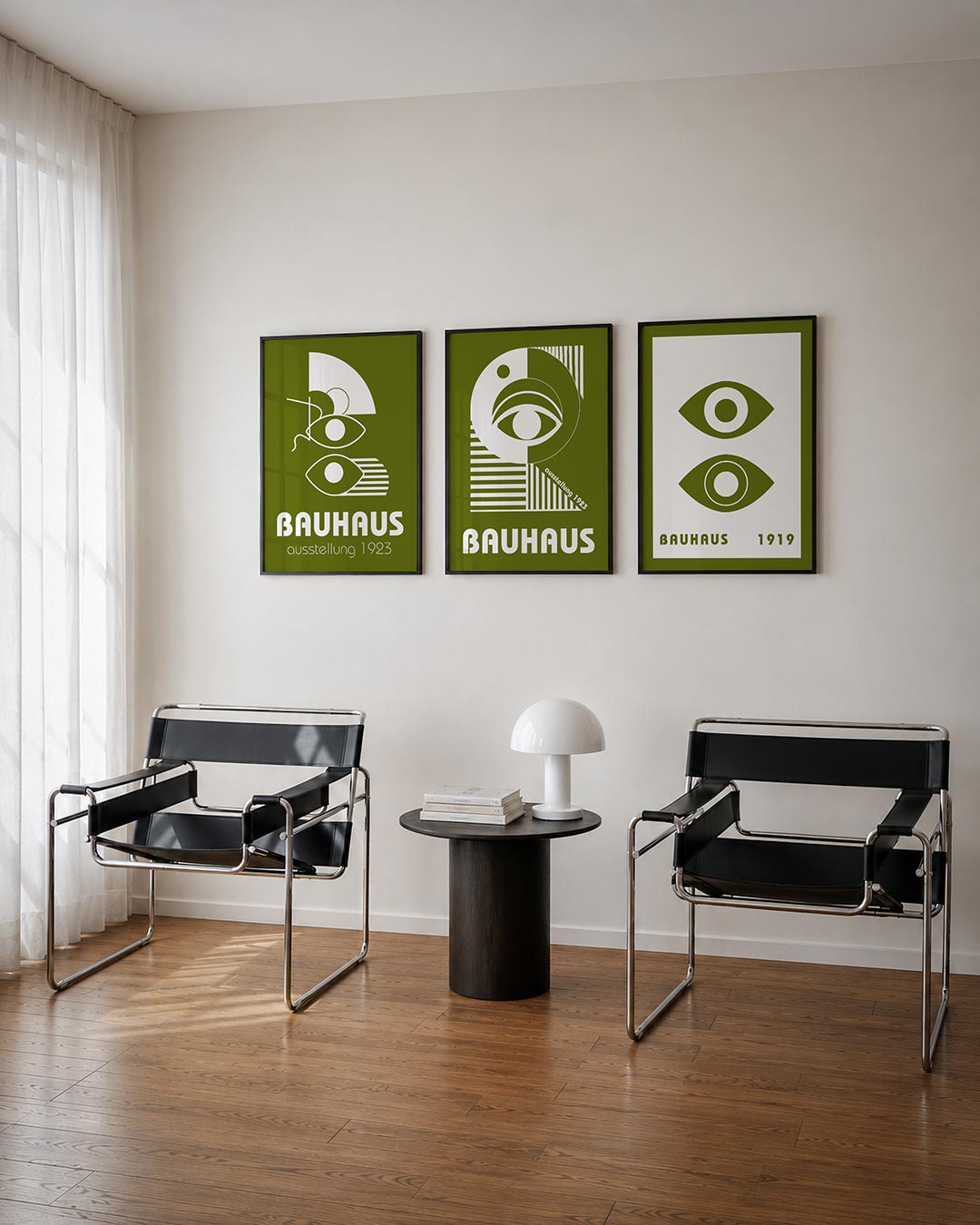 Oogvorm en lijnen driedelige posterset – een groene achtergrond met witte, gestileerde oogvormen en lijnen. De compositie