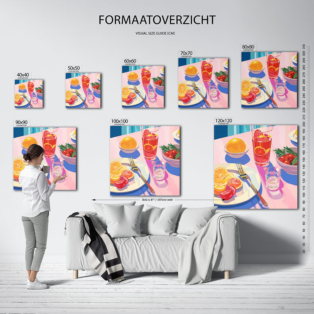 Levendige tafelsetting kunstwerk – sfeerbeeld – dit toont een kleurrijke tafel met fruit en drankjes. Heldere kleuren en