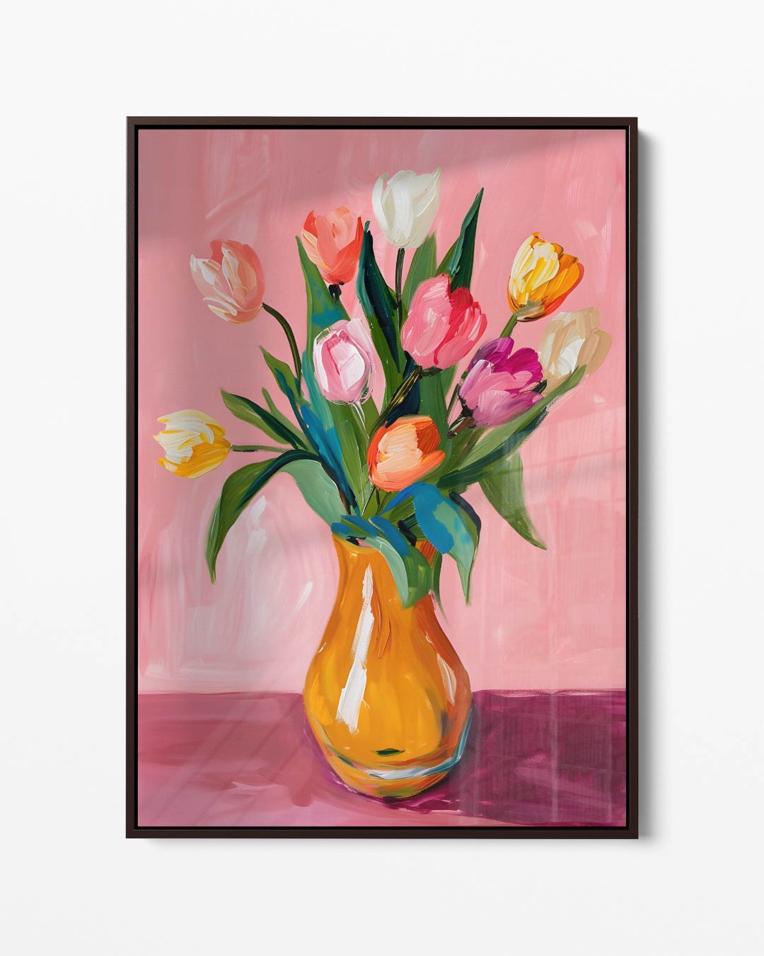 Vrolijk Tulpenboeket op Roze Achtergrond – portret kunstwerk als wanddecoratie