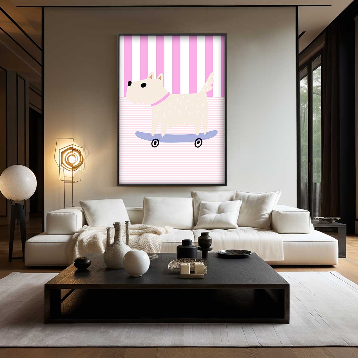 Skater Hondje op Roze Strepen – canvas wanddecoratie in portret formaat