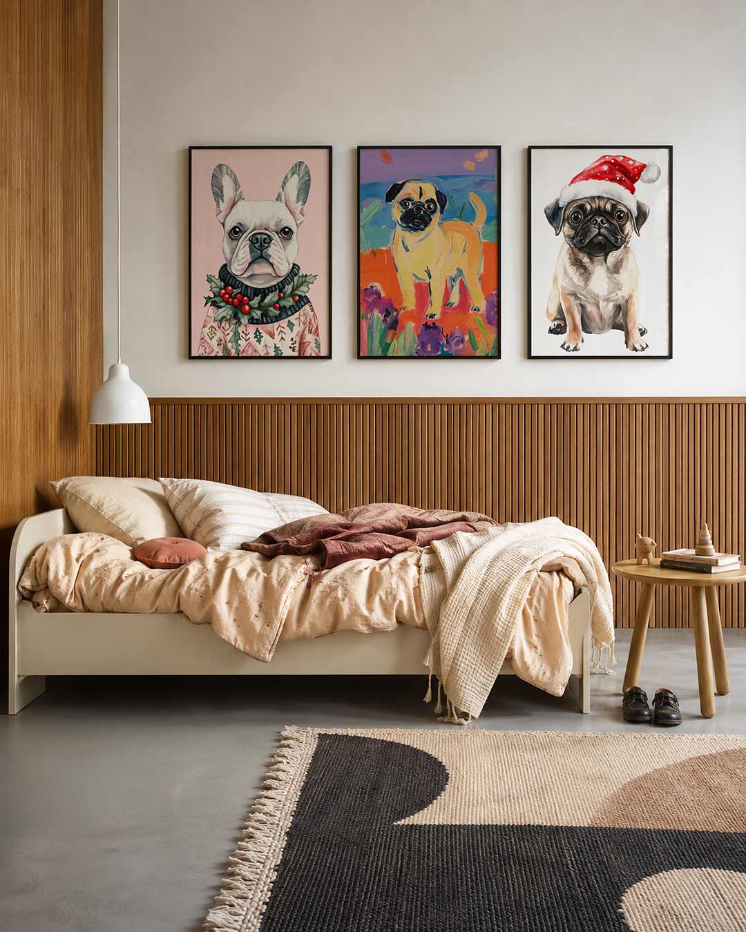 Hond met kersttrui driedelige posterset – een schattige hond met een feestelijke trui vol