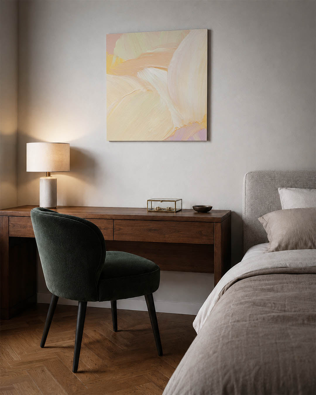 Zachte kleuren harmonie kunstwerk – materiaalweergave – dit werk toont vloeiende penseelstreken in zachte pastelkleuren, met