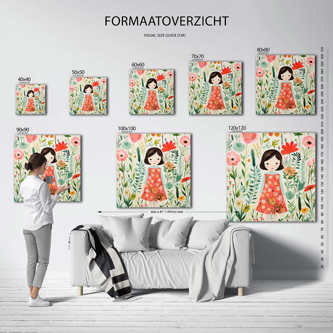 Illustratie kunstwerk – sfeerbeeld – dit werk toont een meisje in een kleurrijke bloemenzee. De levendige kleuren en speelse