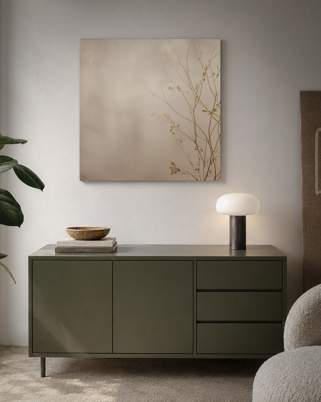 Subtiele takken kunstwerk – detailweergave – dit kunstwerk toont delicate takken tegen een zachte achtergrond. De compositie