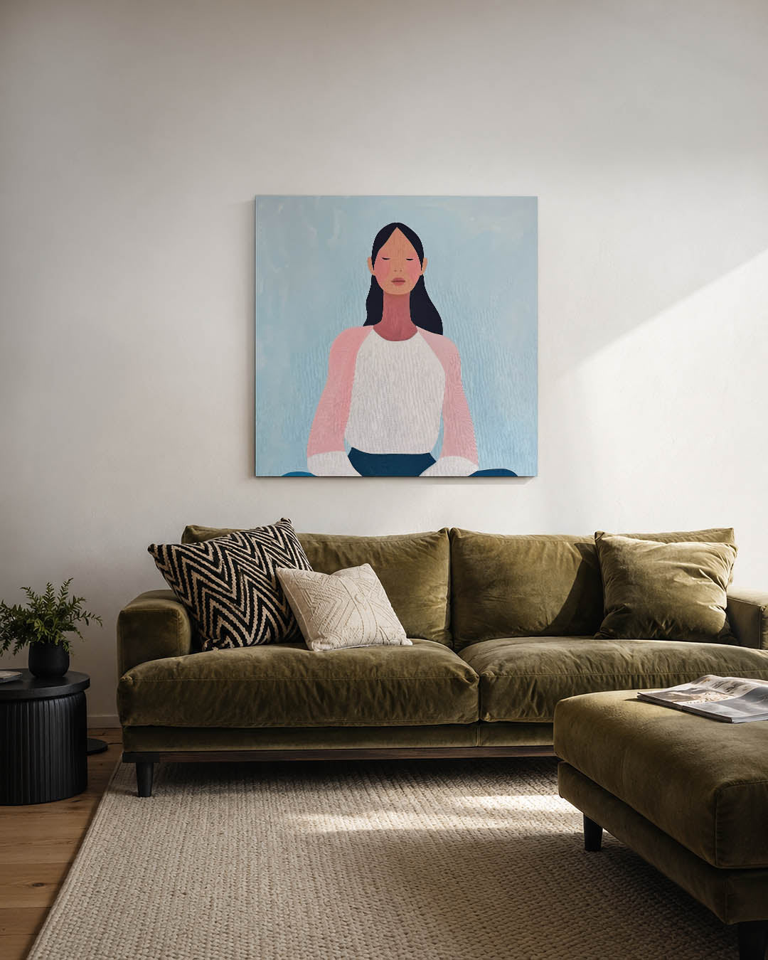 Meditatieve vrouw kunstwerk – derde productweergave – dit kunstwerk toont een vrouw in meditatie, met zachte kleuren en een