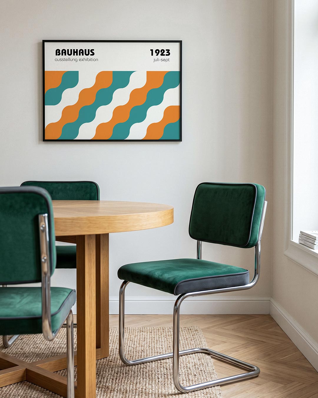 Golvend lijnenspel – liggende Bauhaus poster voor aan de muur