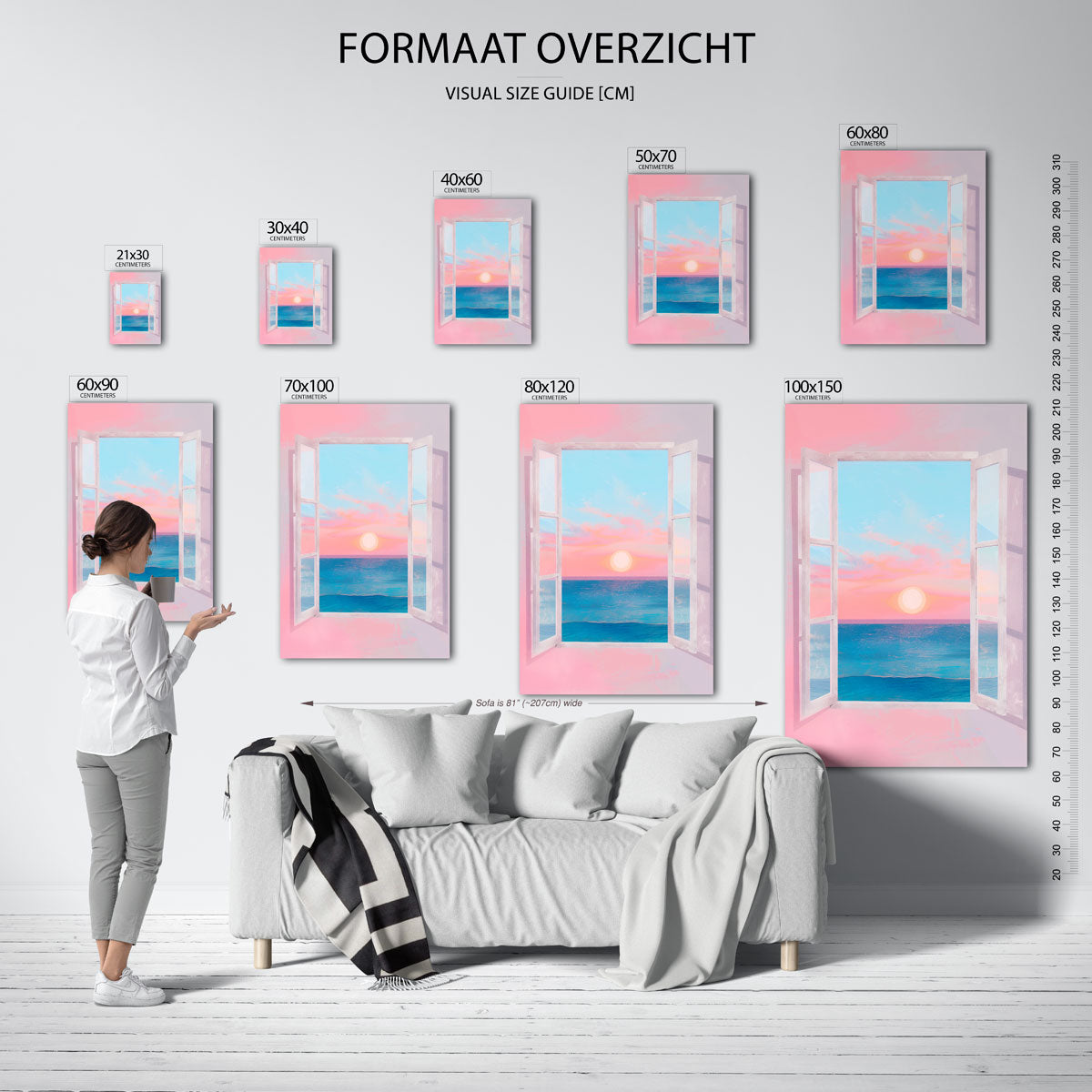 Zonsondergang bij open raam – staande muurposter met kleurrijke illustratie