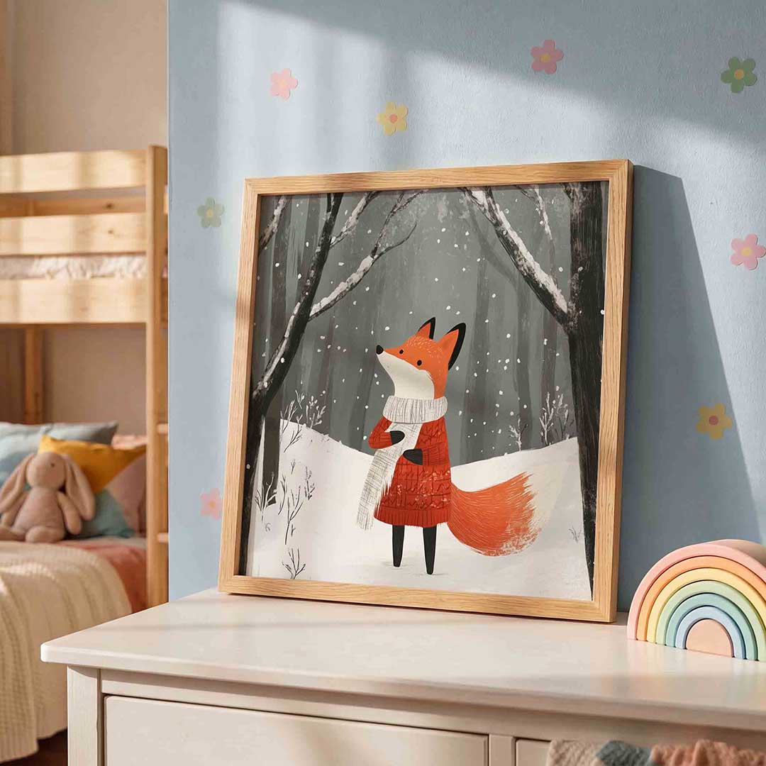 Vos in winterbos – speelse wandkunst als vierkante kinderposter