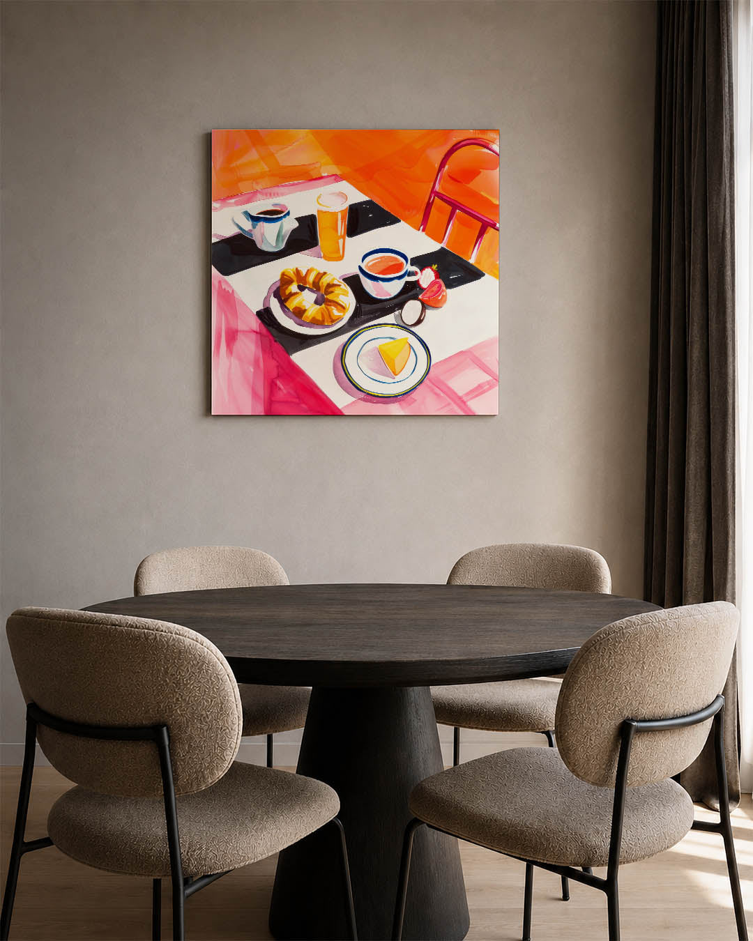 Kleurrijk ontbijt tafereel kunstwerk – vierkante wanddecoratie – dit werk toont een levendig tafereel met een ontbijt op