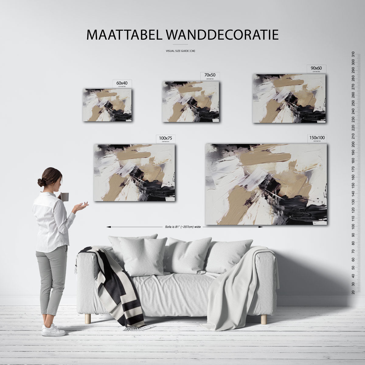 Dynamische penseelstreken – moderne liggende wandkunst