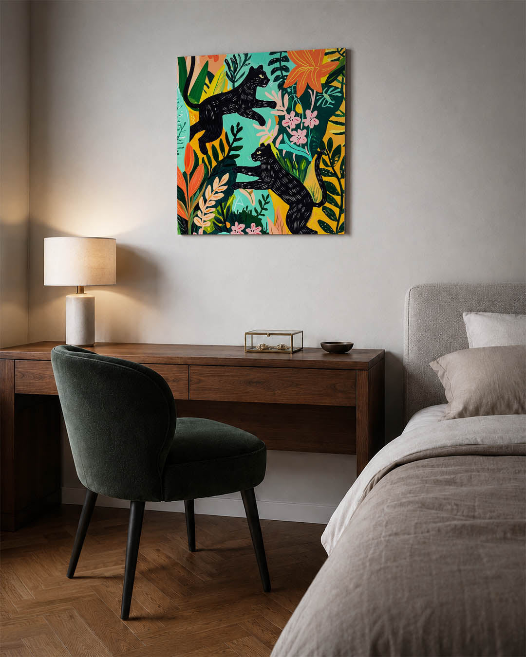 Speelse dieren in jungle kunstwerk – materiaalweergave – dit kunstwerk toont twee zwarte katten in een levendige jungle vol