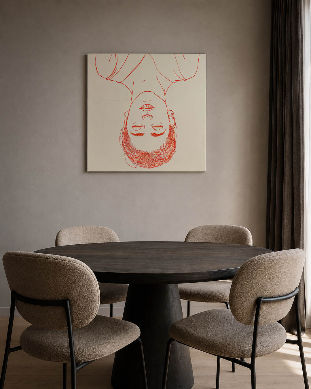 Portret kunstwerk – tweede productweergave – dit werk toont een lijnportret in rood op een beige achtergrond. De lijnen zijn
