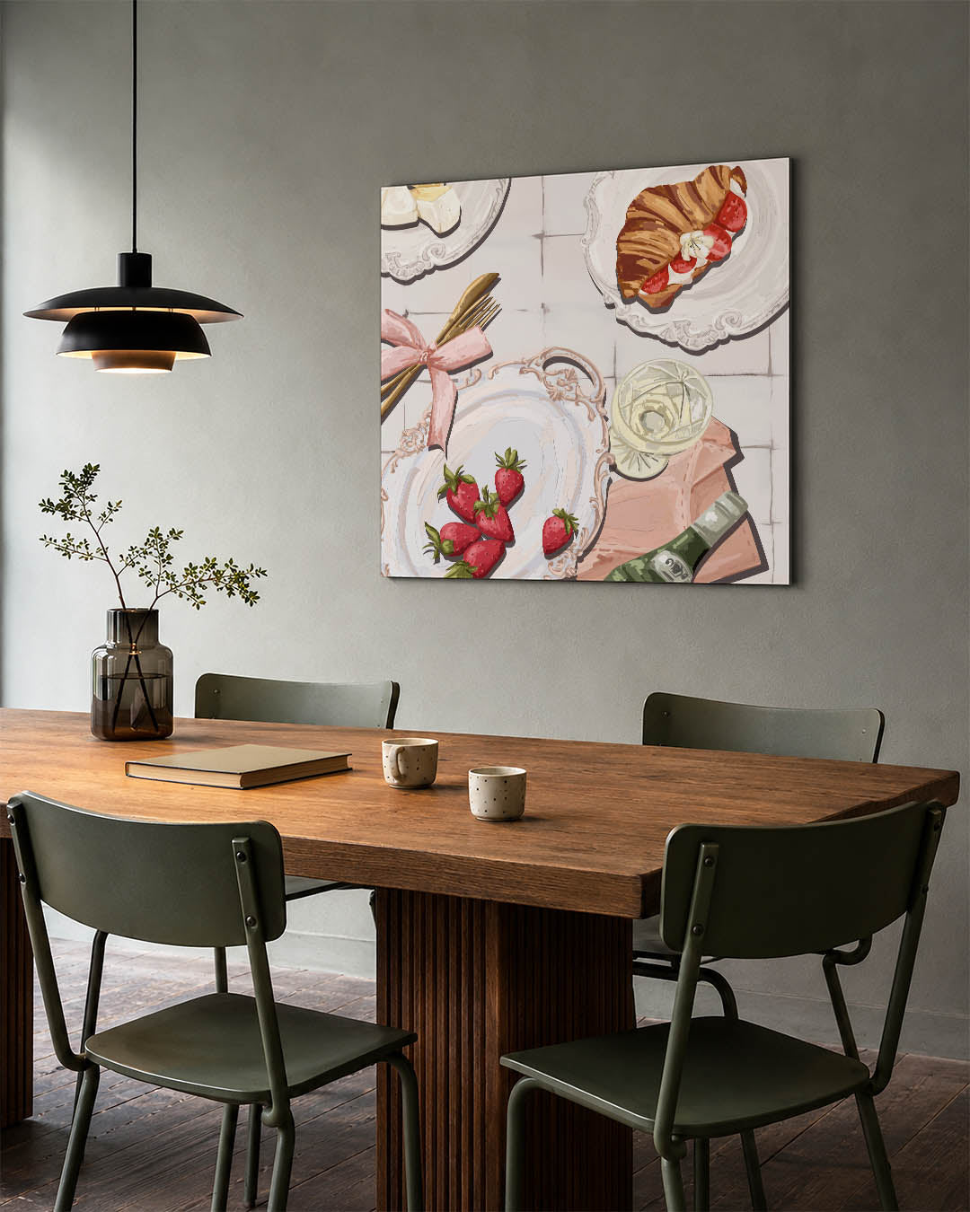 Ontbijt illustratie kunstwerk – tweede productweergave – dit werk toont een ontbijt met aardbeien, croissant en wijn op