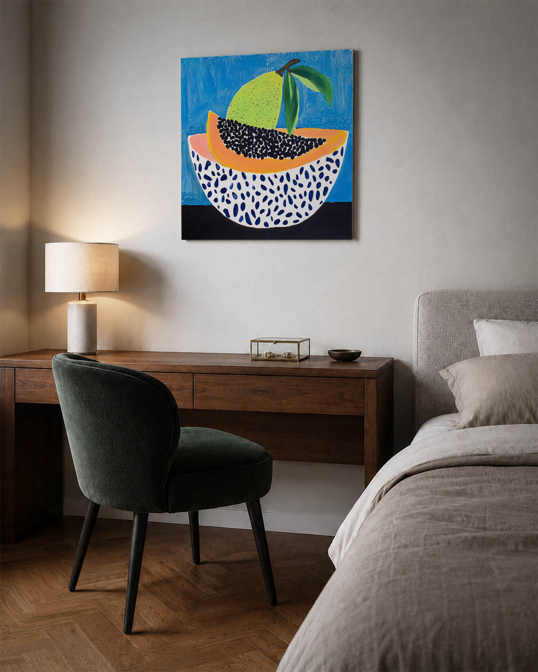 Fruit en patronen kunstwerk – materiaalweergave – dit werk toont een kleurrijke compositie van fruit met levendige patronen.