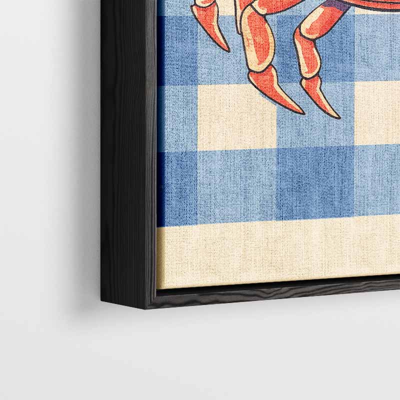 Vrolijke Krab op Blauw-Wit Patroon – plexiglas wanddecoratie in portret formaat