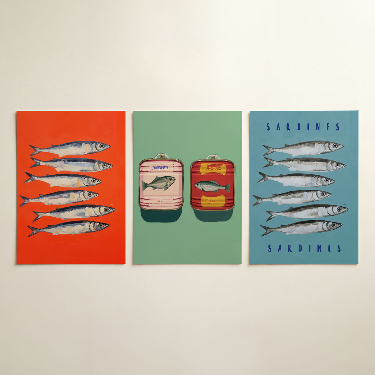 Vissen op rood driedelige posterset in interieur