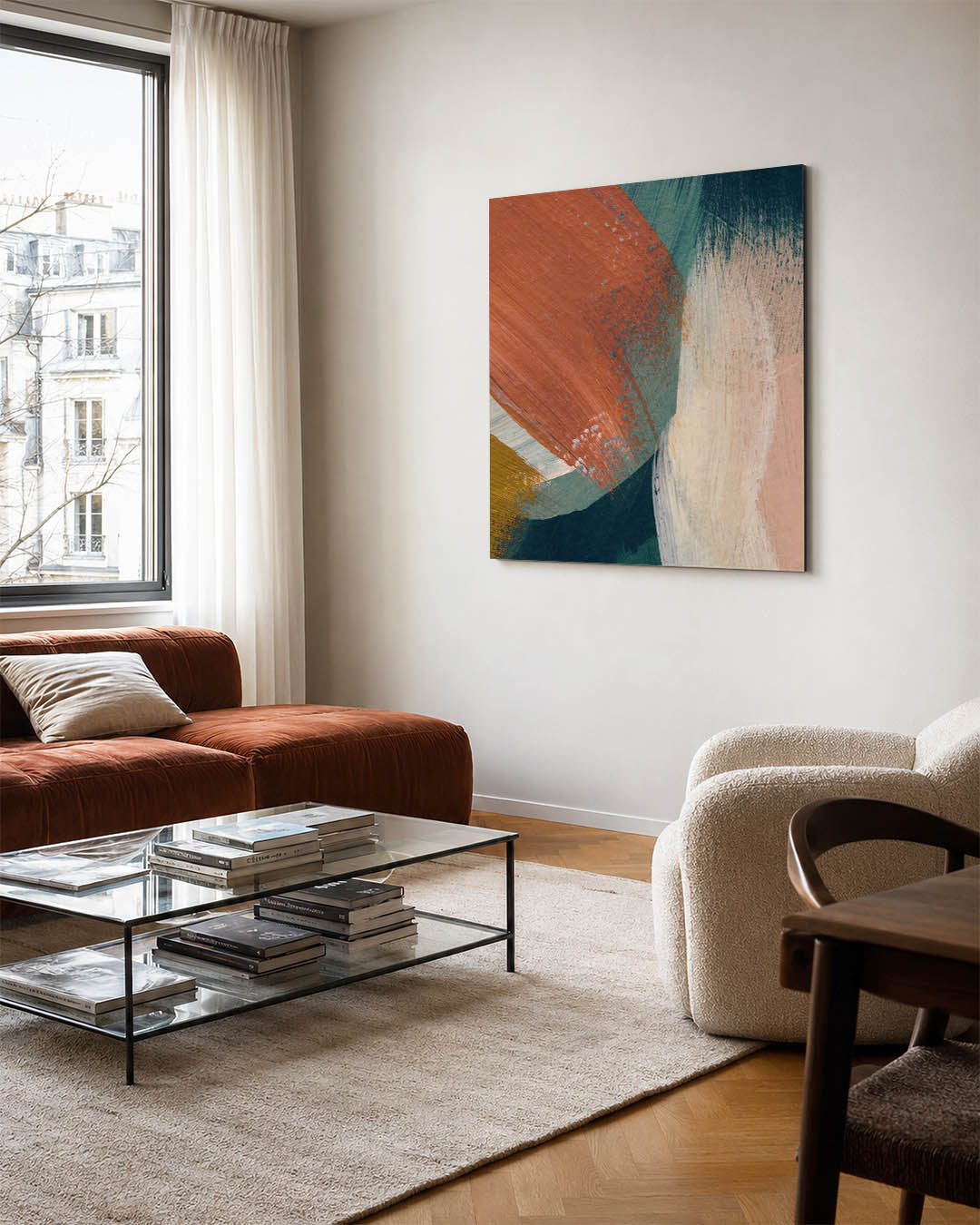 Dynamische kleurencompositie kunstwerk – vierkante wanddecoratie – dit werk toont een levendige mix van kleuren en vormen. De