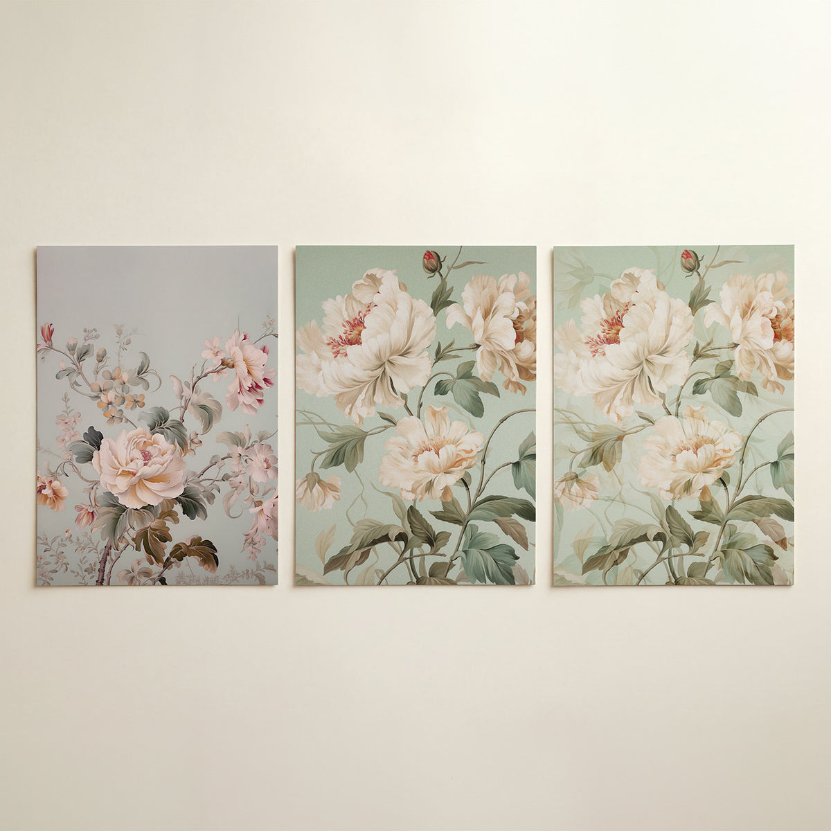 Bloemrijke elegantie posterset – detailweergave – deze posterset toont delicate bloemen in zachte pasteltinten